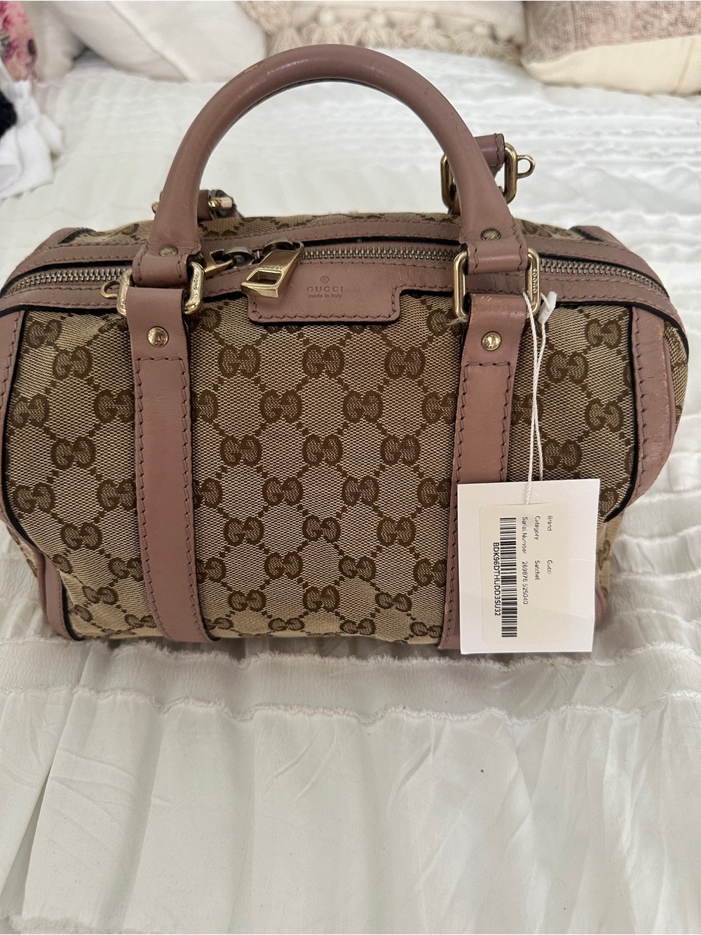 Vintage Gucci Beige Monogram Mini Boston Bag with Dusty Pink Trim